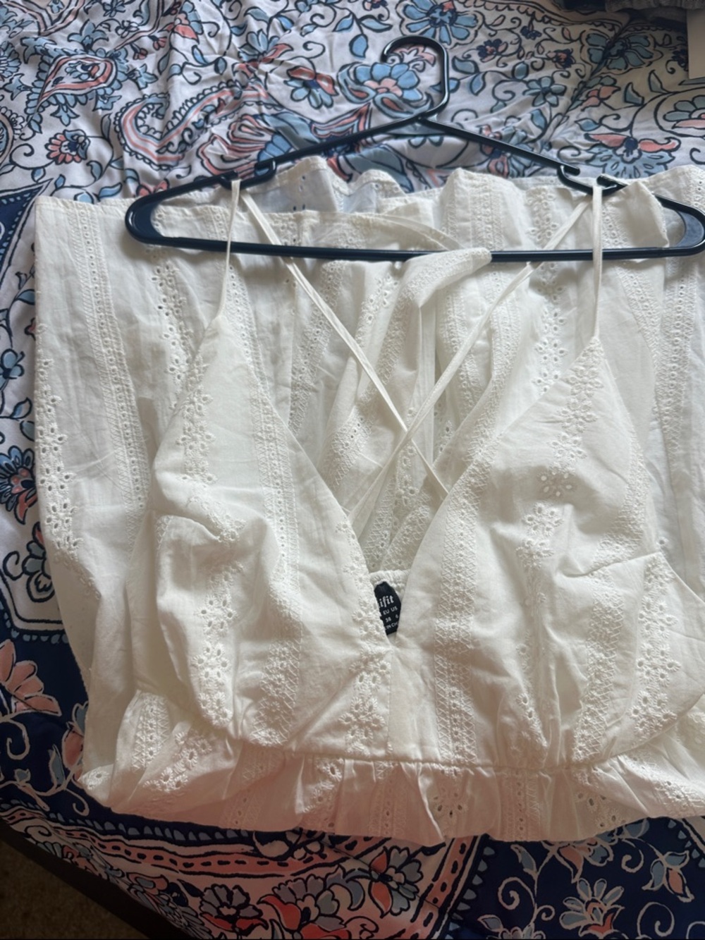 SHEIN White Eyelet V-Neck Cropped Cami with Ruffle Hem